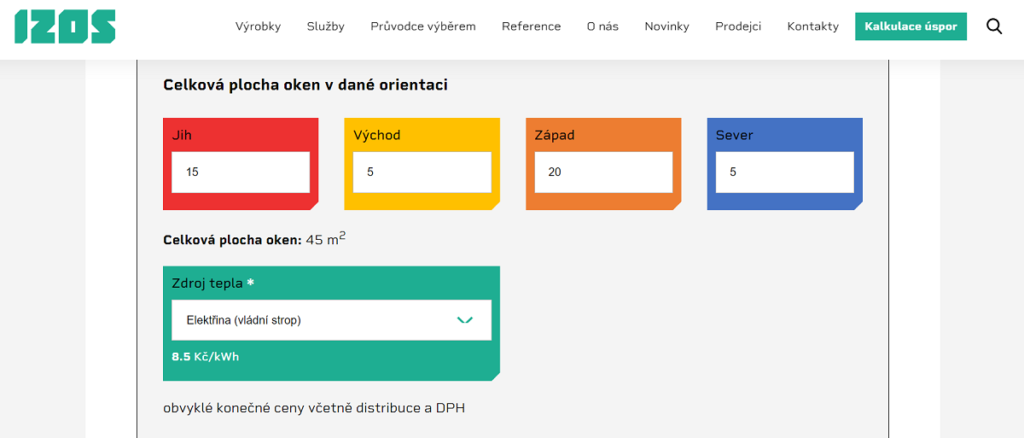 celková plocha oken