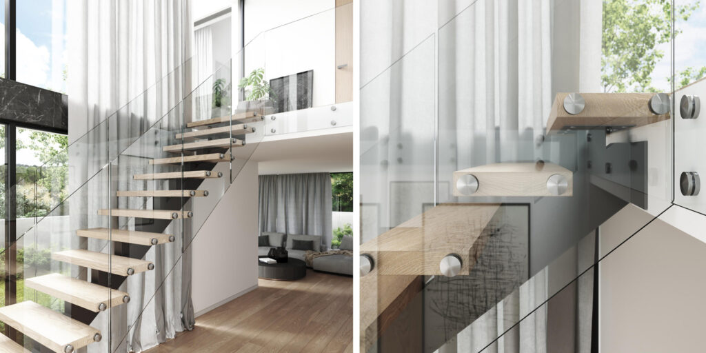 Zábradlí TRANSPARENT – lepená kalená skla se kotví z boku schodiště na tzv. nerezové puky