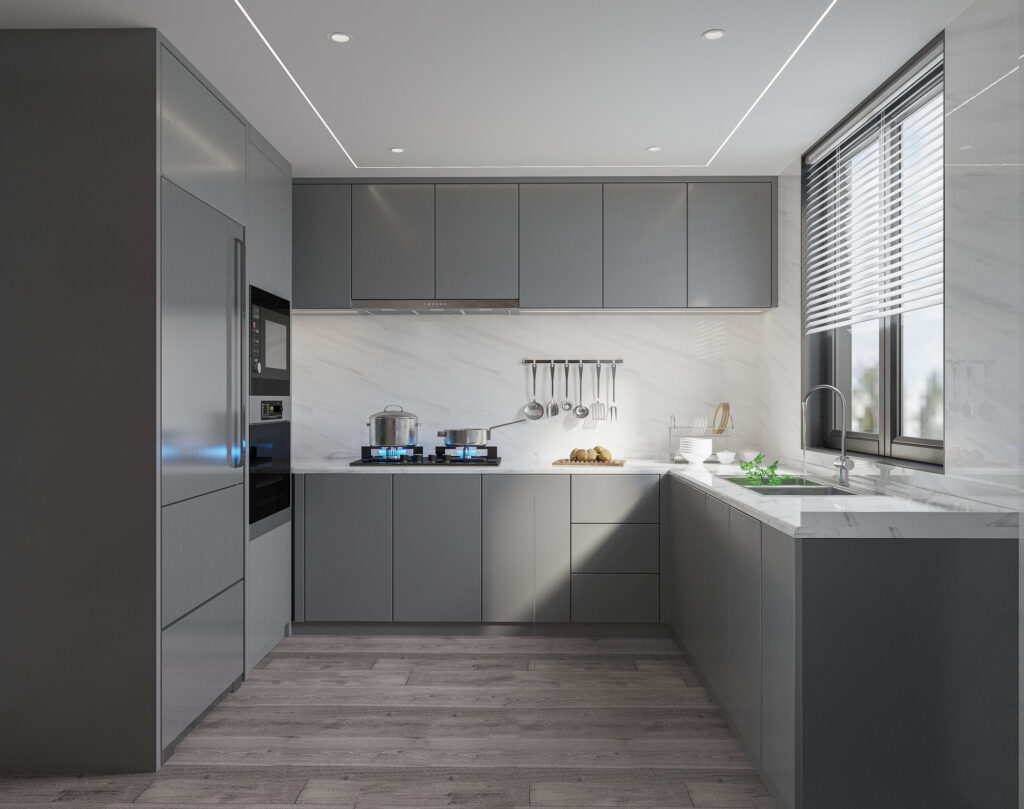 šedá moderní kuchyně ve tvaru U