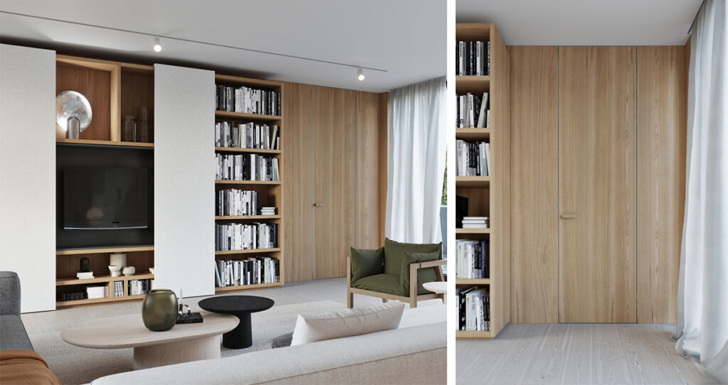 obývací pokoj s vestavěnou knihovnou